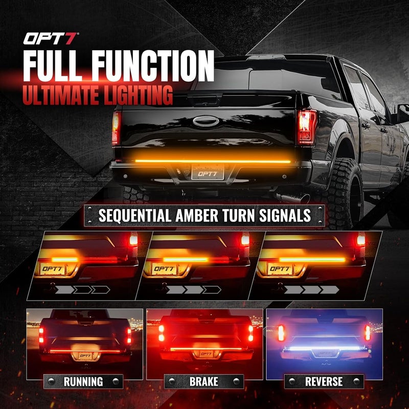 OPT7 48" Redline Parlux Triple Row LED Tailgate Light Bar w/Sequential Amber Turn Signal, Rigid Aluminum Frame – Only Works with Add-On Easy Connect Harness – Full Functions: Reverse Brake Running - Image 4